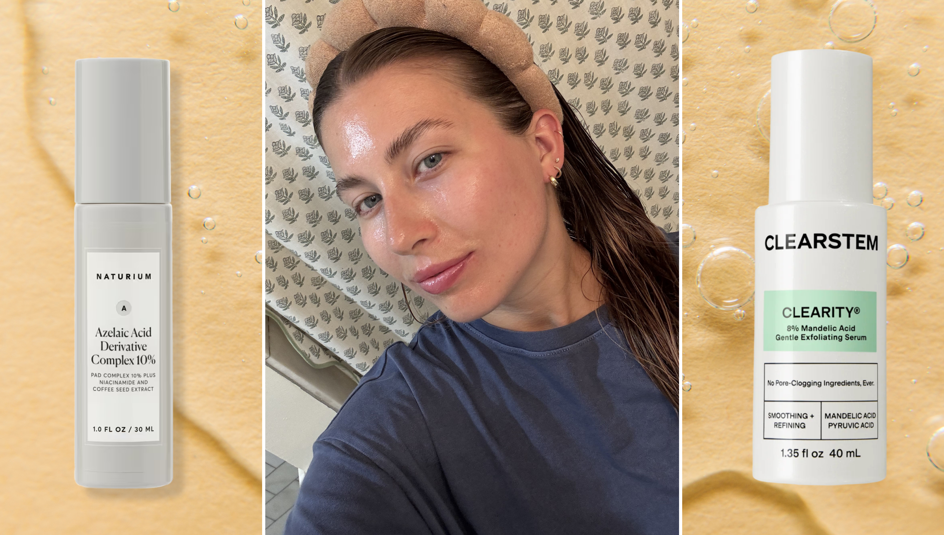 collage featuring a person with glowing skin in the center, flanked by Naturium Azelaic Acid on left and CLEARSTEM CLARITY on the right against a golden, serum-inspired background