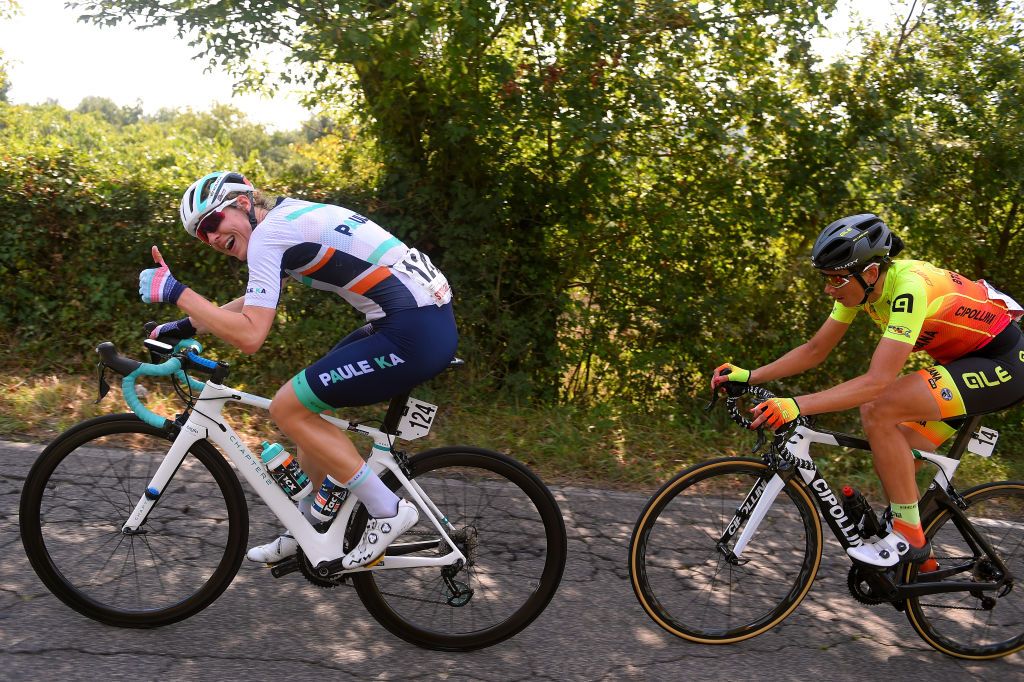 TIVOLI ITALY SEPTEMBER 14 Elizabeth Banks of The United Kingdom and Team Paule Ka Eugenia Bujak of Slovenia and Team Ale BTC Ljubljana Breakaway during the 31st Giro dItalia Internazionale Femminile 2020 Stage 4 a 1703km stage from Assisi to Tivoli 237m GiroRosaIccrea GiroRosa on September 14 2020 in Tivoli Italy Photo by Luc ClaessenGetty Images