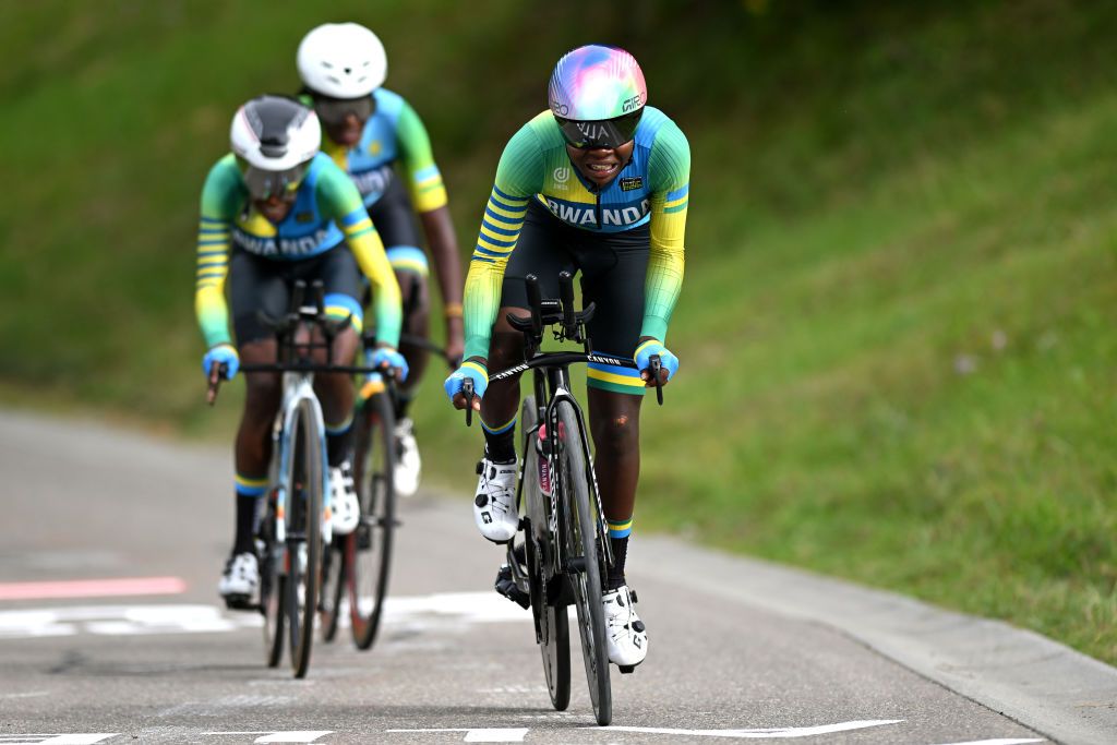 ZURICH SWITZERLAND SEPTEMBER 25 Diane Ingabire of Team Rwanda sprints during the 97th UCI Cycling World Championships Zurich 2024 Mixed Relay Team Time Trial a 537km one day race from Zurich to Zurich on September 25 2024 in Zurich Switzerland Photo by Dario BelingheriGetty Images