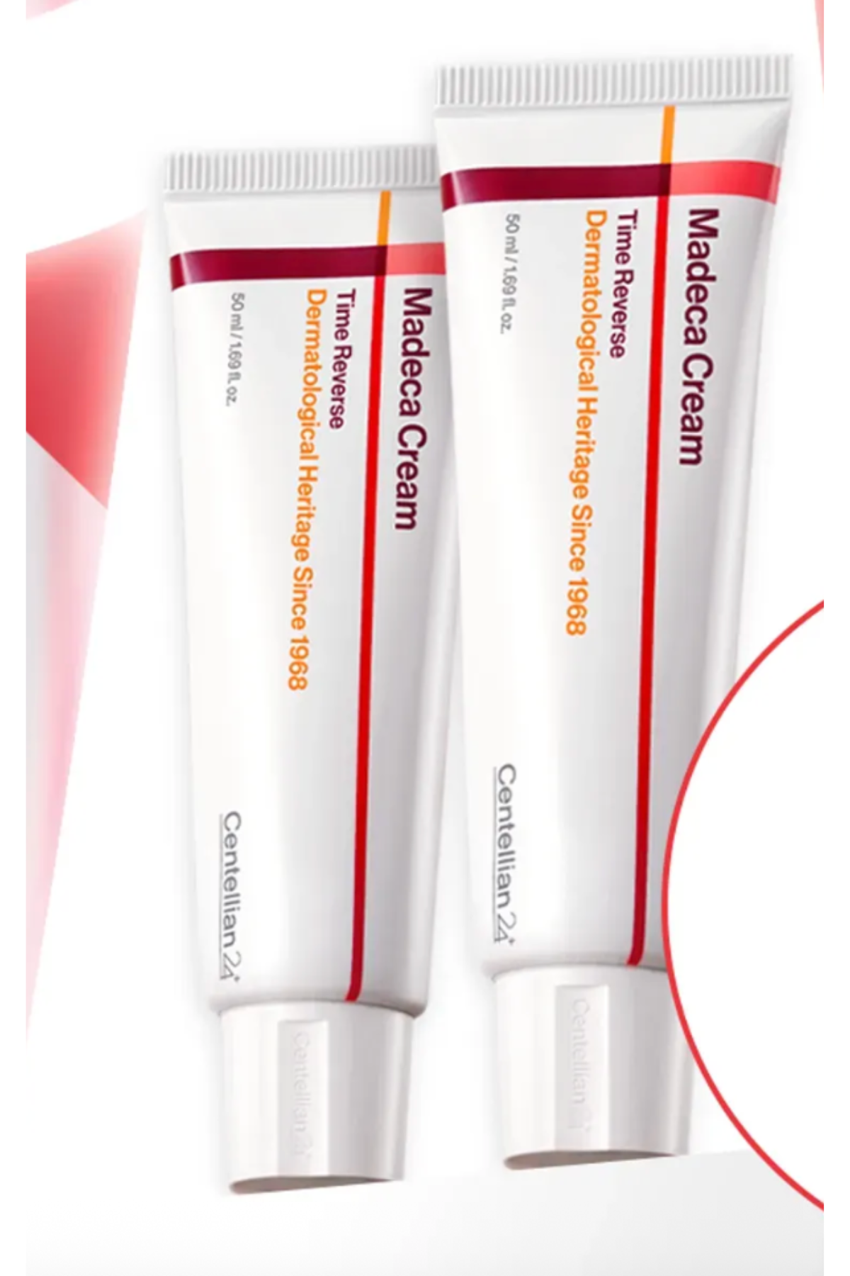 white bottles with red text