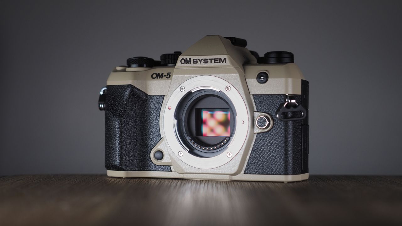 OM System OM-5 Mark II on a wooden surface with an Olympus M.Zuiko 12-45mm lens