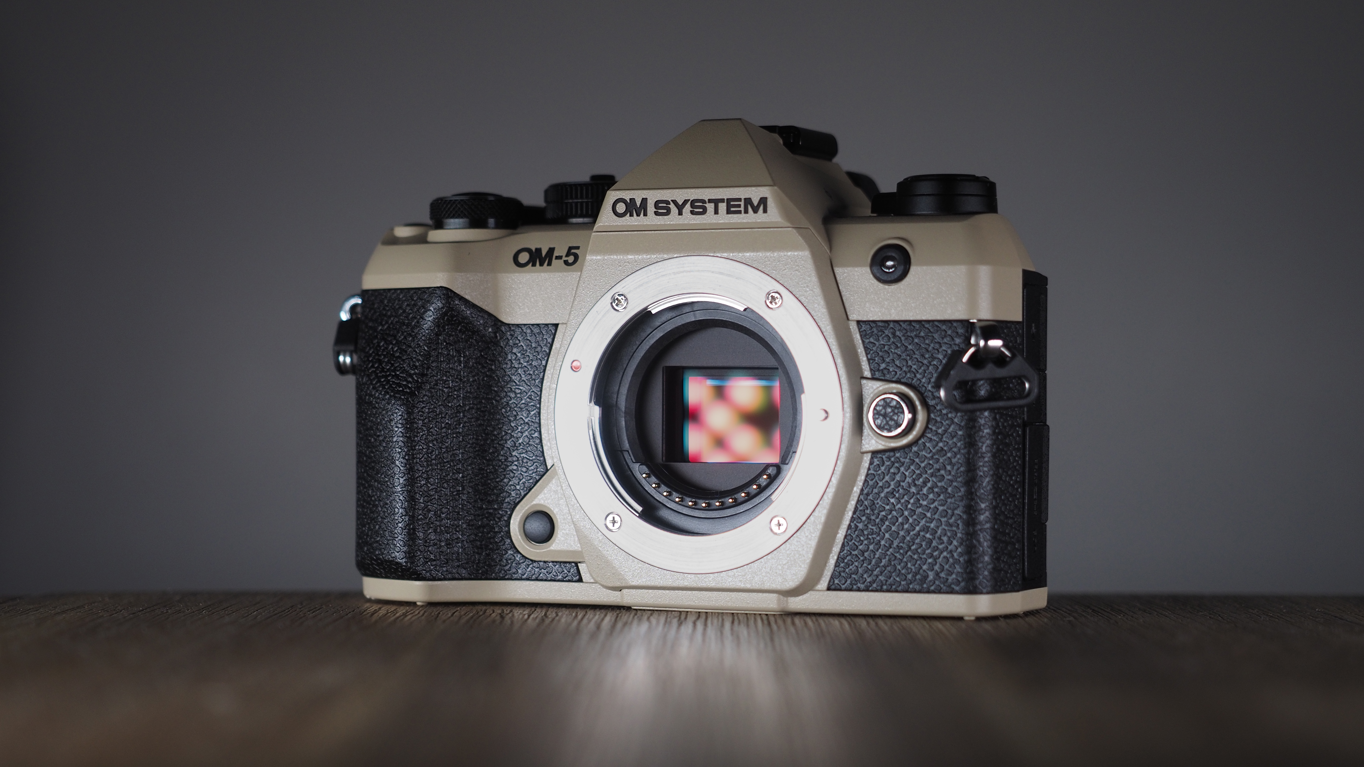 OM System OM-5 Mark II on a wooden surface with an Olympus M.Zuiko 12-45mm lens