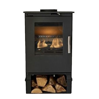 A modern, black log burning stove with built in log storage beneath 