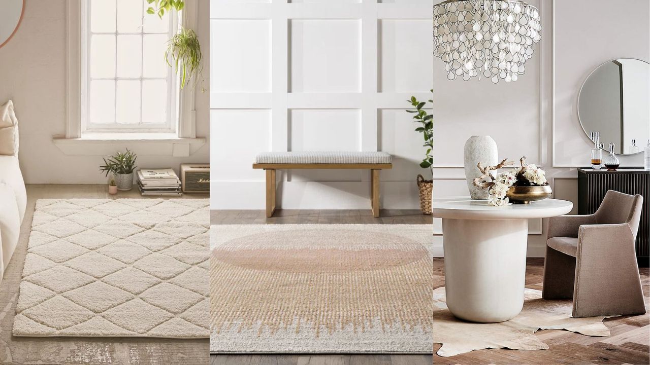 A three panel image of some of the best reutral rugs