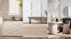 A three panel image of some of the best neutral rugs
