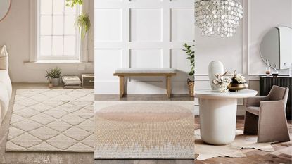A three panel image of some of the best neutral rugs