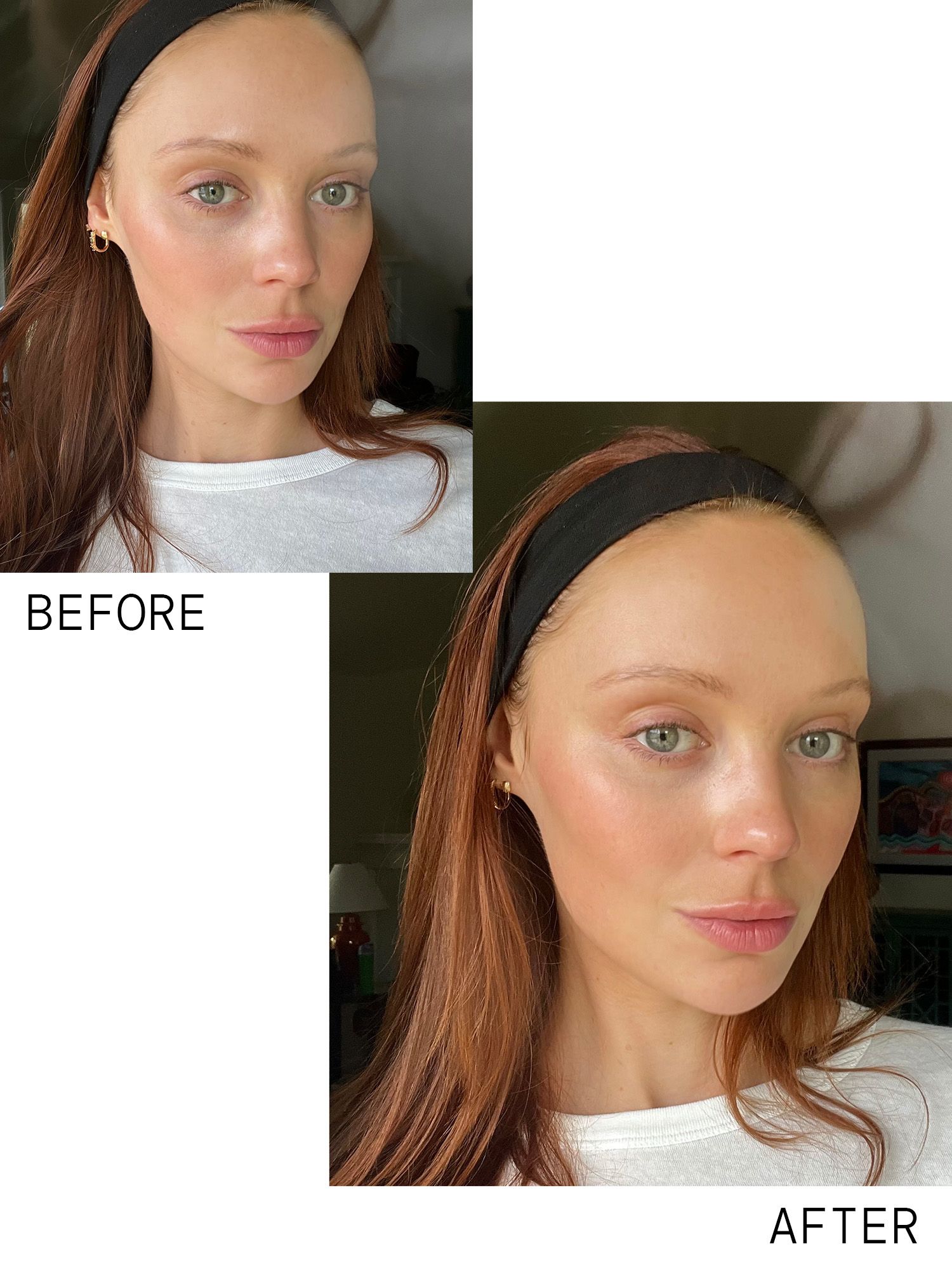 Before and after Beauty Director Erin Jahns applied Mara's 3-in-1 Pearl Peptide Glaze