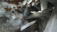 The interior of the Cave of Crystals in Mexico with a person for scale.