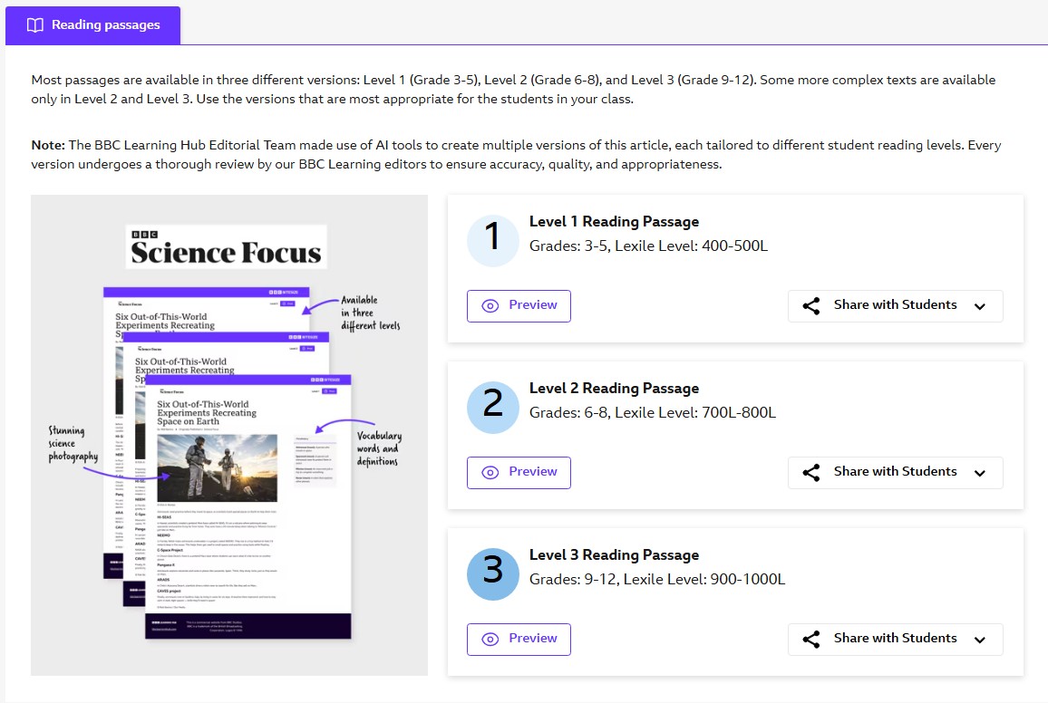 Lexile levels for student articles
