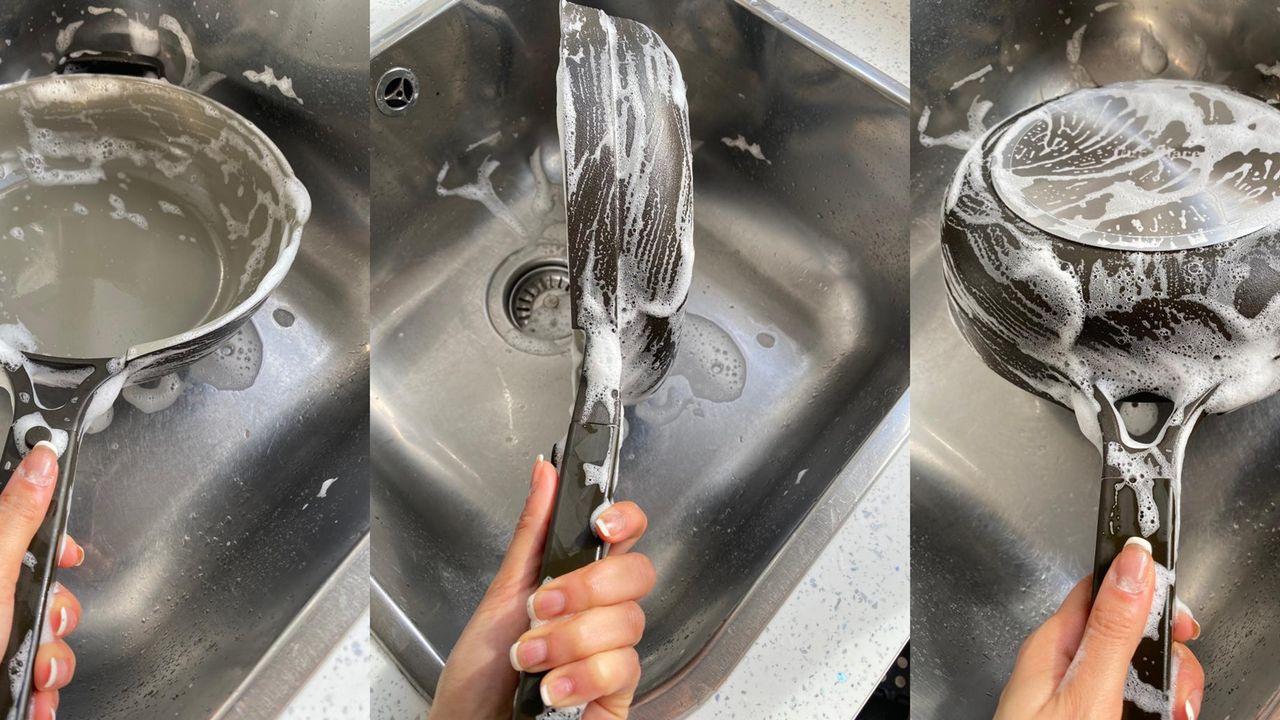 Christina Chrysostomou handwashing an Our Place Always Pan in kitchen sink with dish soap