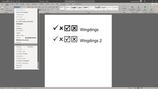 screenshot of the Wingdings font menu open in Word