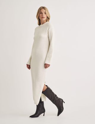 Cotton Rich Knitted Crew Neck Midi Jumper Dress