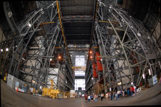 Wide-angle view looking down the transfer aisle of the Vehicle Assembly Building at NASA's Kennedy Space Center, Florida. Beginning Nov. 1, 2011, the public will again be allowed in the VAB after more than 30 years being closed to general tours.