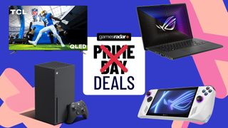 TCL TV, Xbox Series X, Asus laptop and ROG Ally handheld surrounding Prime Day Deals badge with word Prime Crossed out in red with blue backdrop