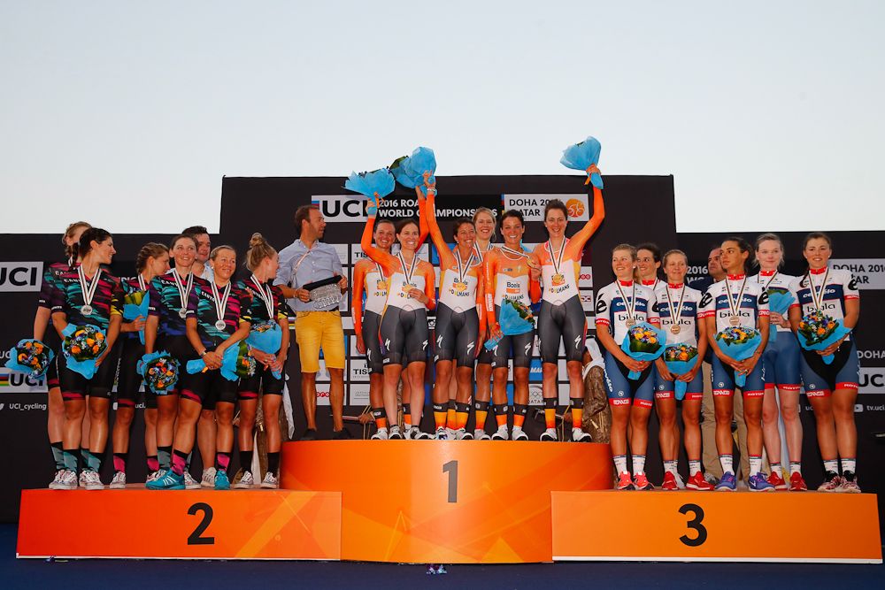 Canyon SRAM, Boels Dolmans and Cervelo Bigla on the Worlds TTT podium