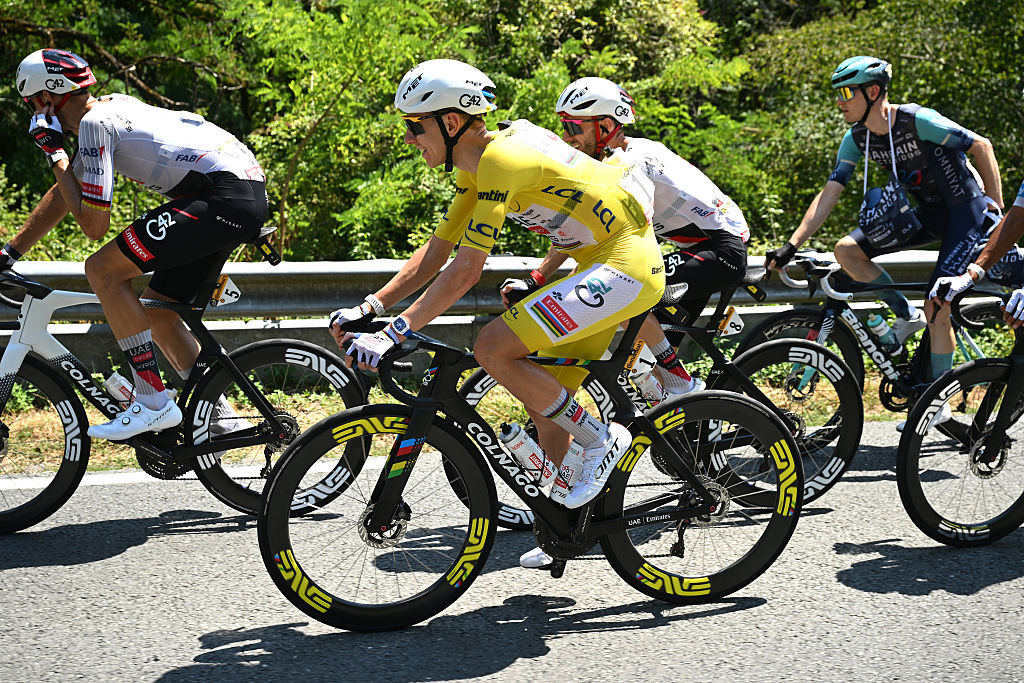 BERGERAC, FRANCE - JULY 11: Tadej Pogacar of Slovenia and UAE Team Emirates - XRG - Yellow Leader Jersey competes during the 113th Tour de France 2026, Stage 8 a 180.4km stage from Perigueux to Bergerac / #UCIWT / on July 11, 2026 in Bergerac, France. (Photo by Dario Belingheri/Getty Images)