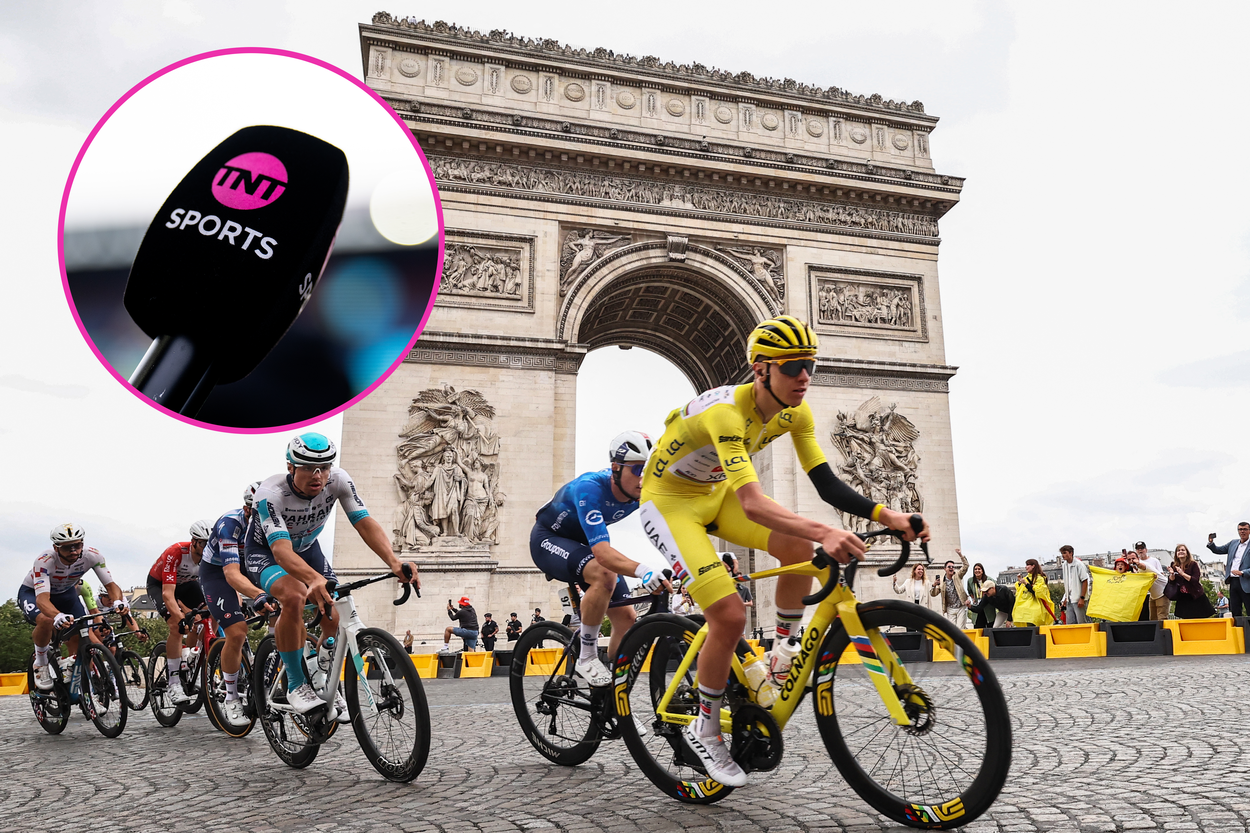 Tadej Pogačar rides past the Arc de Triomphe during the Tour de France, with a TNT Sports microphone encircled.
