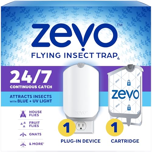 Zevo Flying Insect Trap & Cartridge - Plug in Fly Trap & Indoor Bug Catcher for Gnats, House & Fruit Flies - Mess-Free - Use in Any Room - Uses Blue & Uv Light (1 Plug in Device & 1 Cartridge)