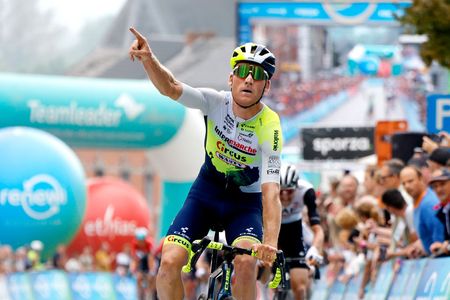 Mike Teunissen (Team Intermarch-Circus-Wanty) celebrates at finish line as stage 3 winner during the Renewi Tour 2023