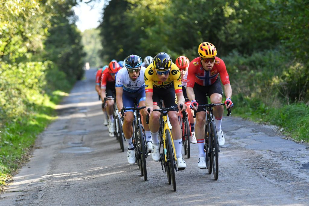 BINCHE BELGIUM OCTOBER 04 LR Mike Teunissen of Netherlands and Team Jumbo Visma and Rasmus Fossum Tiller of Norway and UNO X Pro Cycling Team lead the breakaway during the 35th Binche Chimay Binche Memorial Frank Vandenbroucke 2022 a 1986km one day race from Binche to Binche BincheChimayBinche on October 04 2022 in Binche Belgium Photo by Luc ClaessenGetty Images