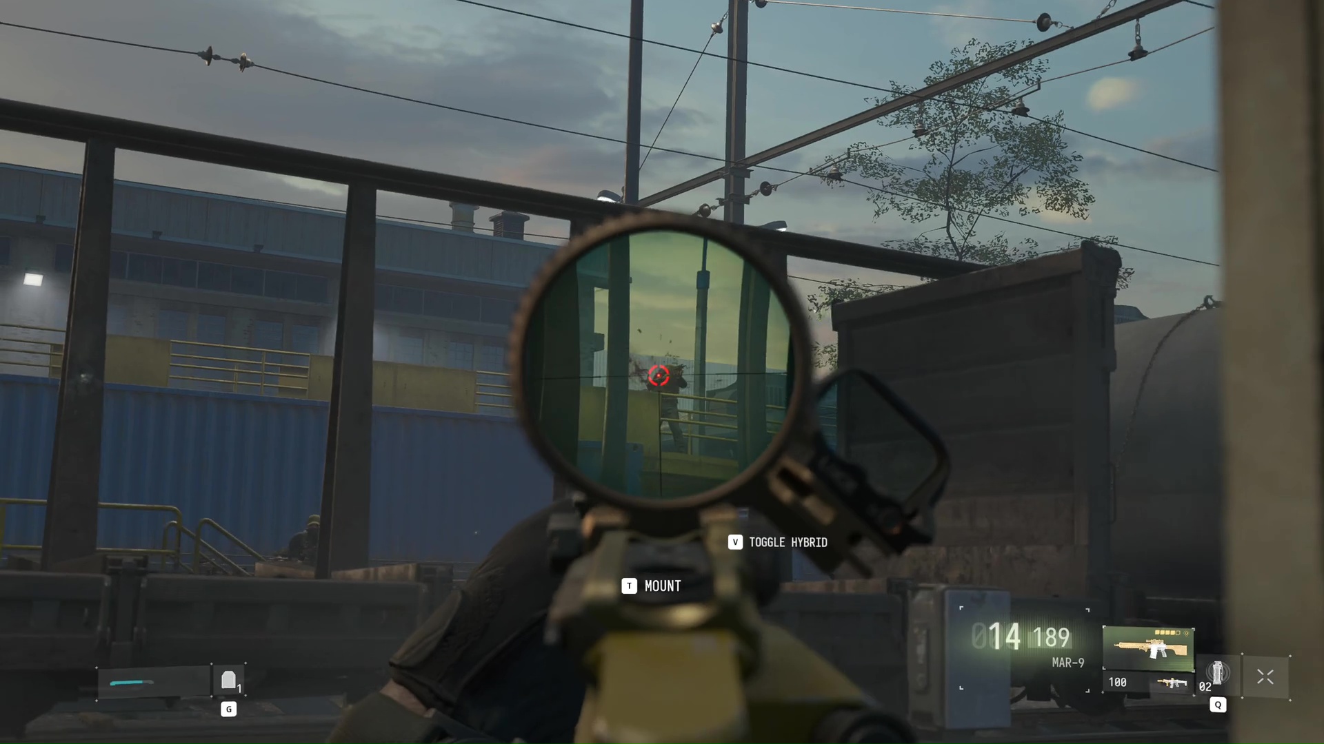Aiming down sights in a firefight amid shipping containers in Call of Duty Modern Warfare 4