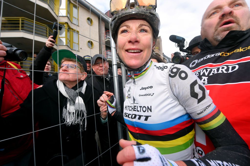 NINOVE BELGIUM FEBRUARY 29 Arrival Annemiek Van Vleuten of The Netherlands and Team MitcheltonSCOTT World Champion Jersey Ria Van Vleuten of The Netherlands Mother Celebration Family during the 75th Omloop Het Nieuwsblad 2020 Women Race a 1229km race from Ghent to Ninove OmloopHNB OHN20 OHNwomen on February 29 2020 in Ninove Belgium Photo by Luc ClaessenGetty Images