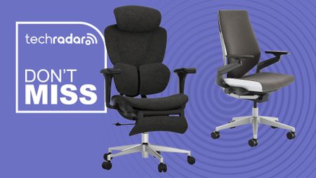 A FlexiSpot Sentinel and Steelcase Gesture office chair on a purple background next to a TechRadar badge that reads 'Don't Miss'