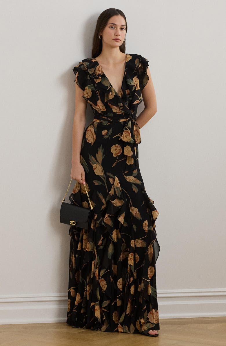 Lauren Ralph Lauren Floral Tie Waist Georgette Gown