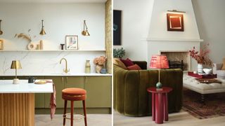 compilation of two images showing pooky rechargeable lighting in a kitchen and living room