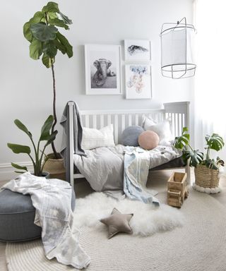 Gender neutral nursery idea: White cot with houseplants