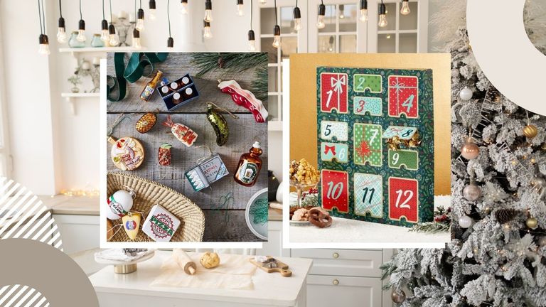 best Christmas food gifts: side-by-side image of Christmas countdown and ornaments from 1800 Flowers and Food52 respectively