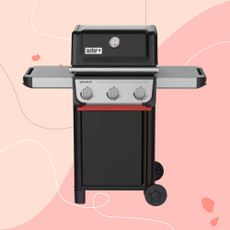 Weber Spirit E-310 on a pink graphic background