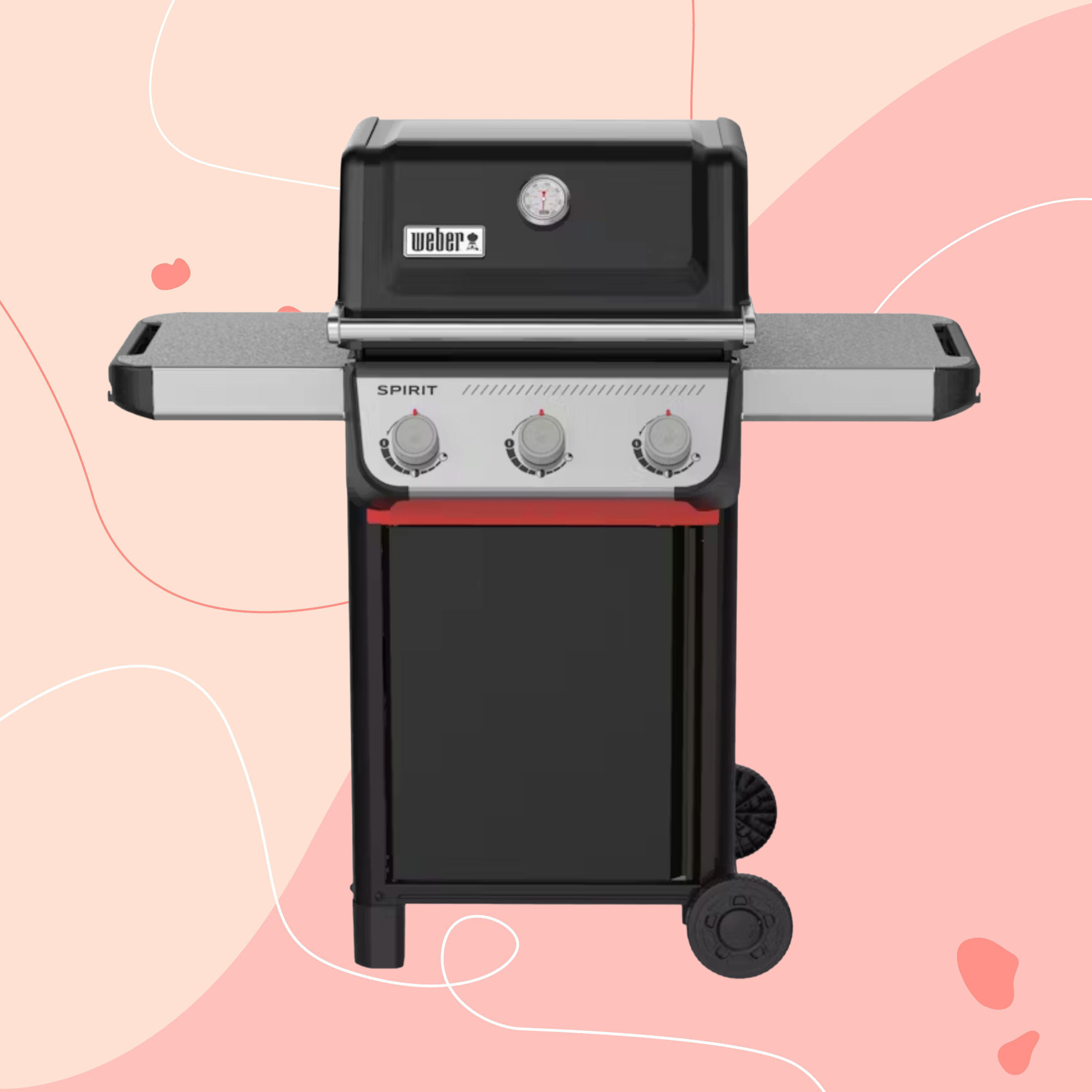 Weber Spirit E-310 on a pink graphic background