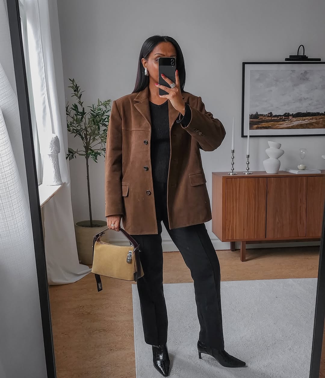 Suede blazer and black ankle boots outfit