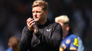 Newcastle United manager Eddie Howe applauds at full-time of the Premier League match between Leeds United and Newcastle United at Elland Road on May 13, 2023 in Leeds, England.