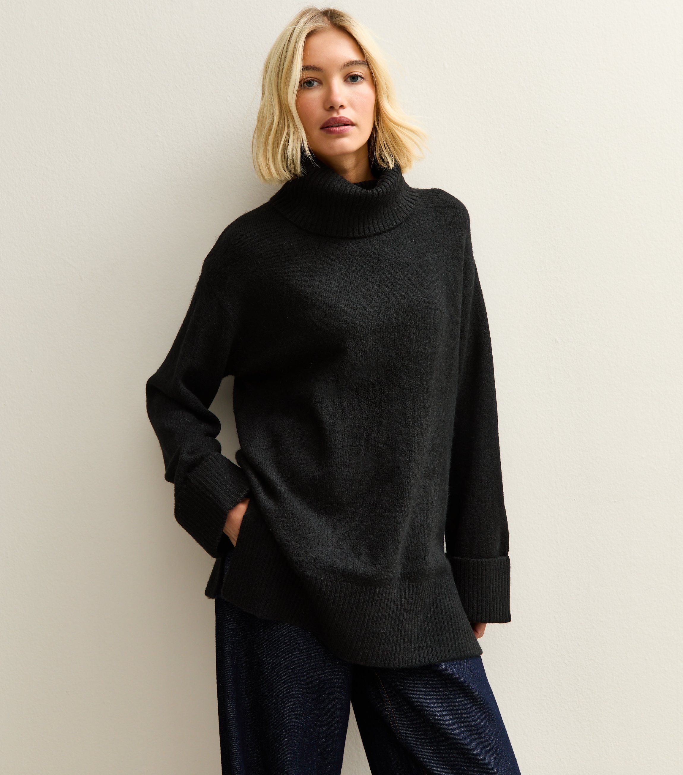 Black Longline Roll Neck Jumper