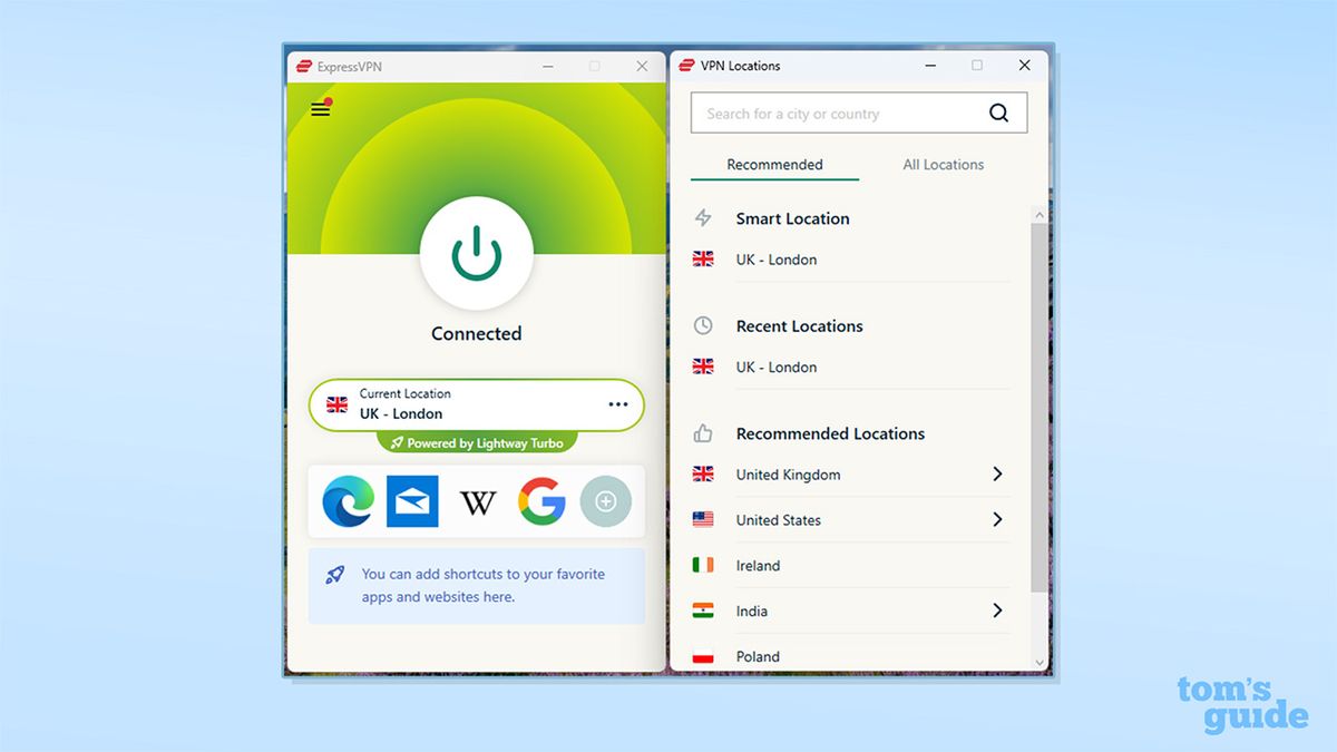 A screenshot showing ExpressVPN connected on its Windows app.