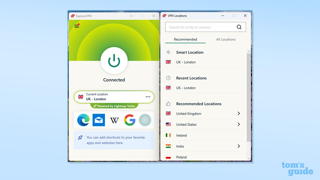 A screenshot showing ExpressVPN connected on its Windows app.
