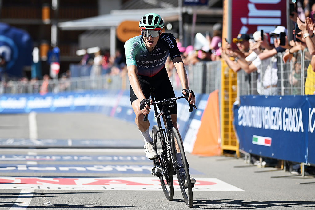 PILA - GRESSAN, ITALY - MAY 23: Felix Gall of Austria and Team Decathlon CMA CGM crosses the finish line during the 109th Giro d&amp;amp;apos;Italia 2026, Stage 14 a 133km stage from Aosta to Pila - Gressan 1789m / #UCIWT / on May 23, 2026 in Pila - Gressan, Italy. (Photo by Dario Belingheri/Getty Images)
