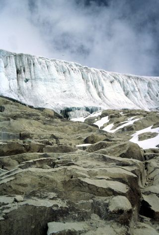 This photo of Quelccaya Ice Cap in Peru's Andes mountains, taken from the same spot as the 1977 photo, shows the glacier's retreat.