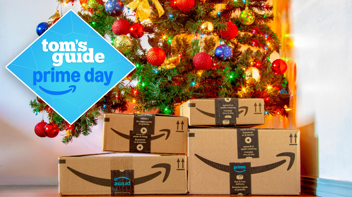 Christmas tree with amazon boxes and Tom&#039;s Guide logo