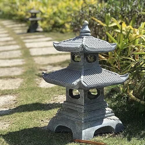 Buokaiw Outdoor Zen Garden Lantern - 2 Tier Pagoda Garden Statue, Stone Lantern, Japanese Style for Zen Lawn Garden Decoration and Christmas Ornament (dark Gray)