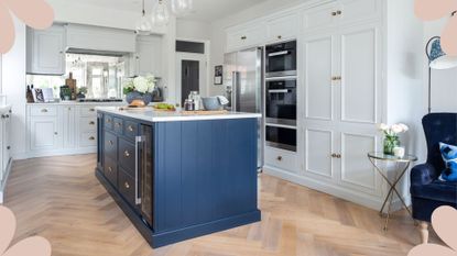 pale gray kitchen with a striking blue kitchen island as an example of interior design features that will help sell your house 