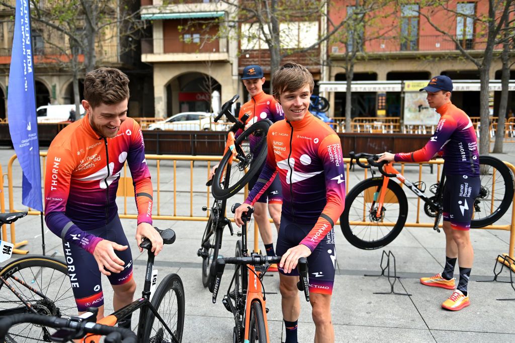 ESTELLA SPAIN APRIL 01 LR Kristian Aasvold of Norway and Paul Double of United Kingdom and Team Human Powered Health prior to the 32nd Gran Premio Miguel Indurain 2023 a 2032km one day race from Estella to Estella GPIndurain on April 01 2023 in Estella Spain Photo by David RamosGetty Images