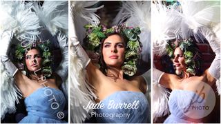 Three portraits of a woman wearing a dress, a feather boa and a floral crown, captured by Jade Burrell. Each image has a watermark