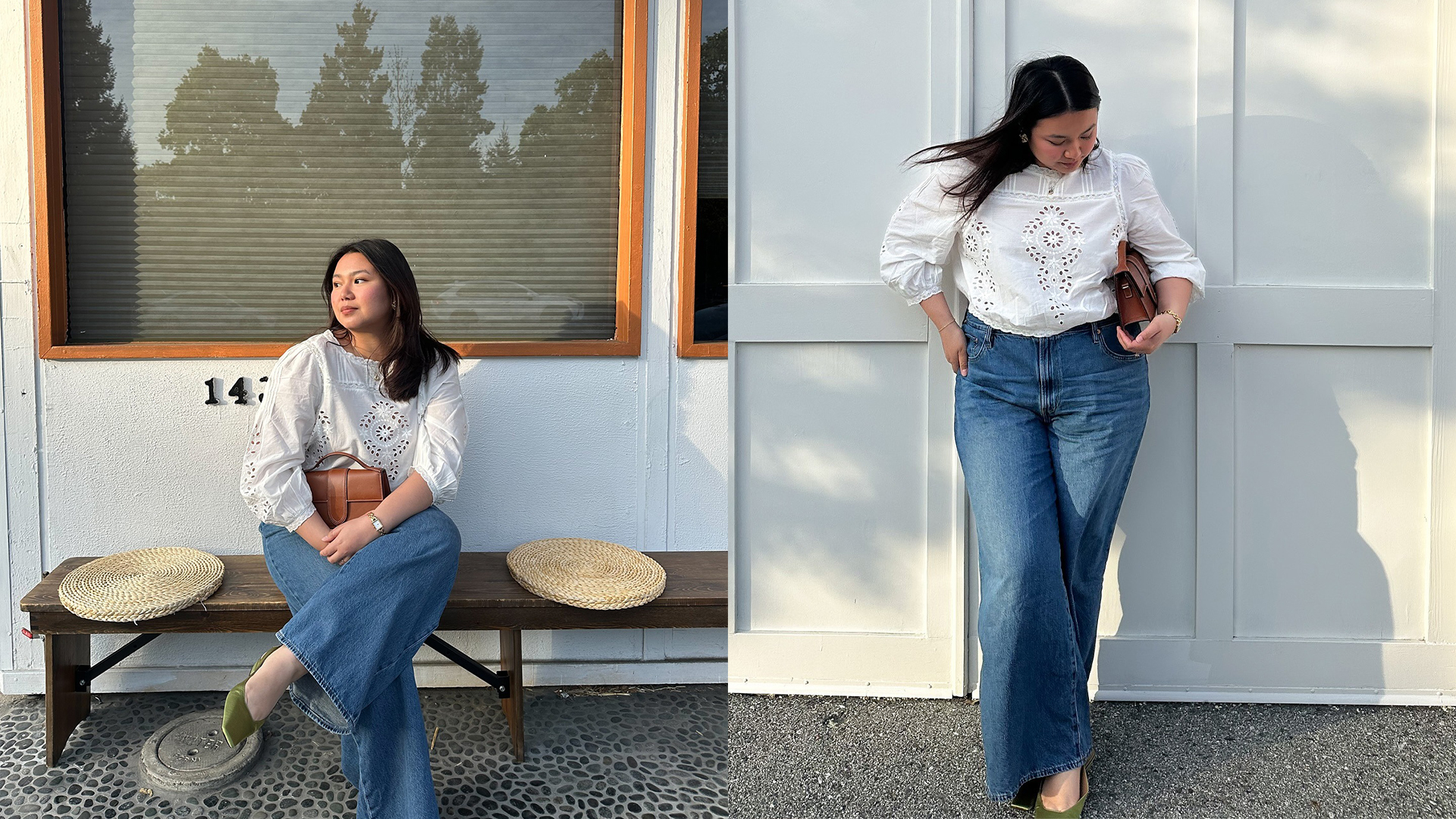 marina wears embroidered longsleeve white top, jeans, chartreuse green satin mules and a brown handbag while sitting 