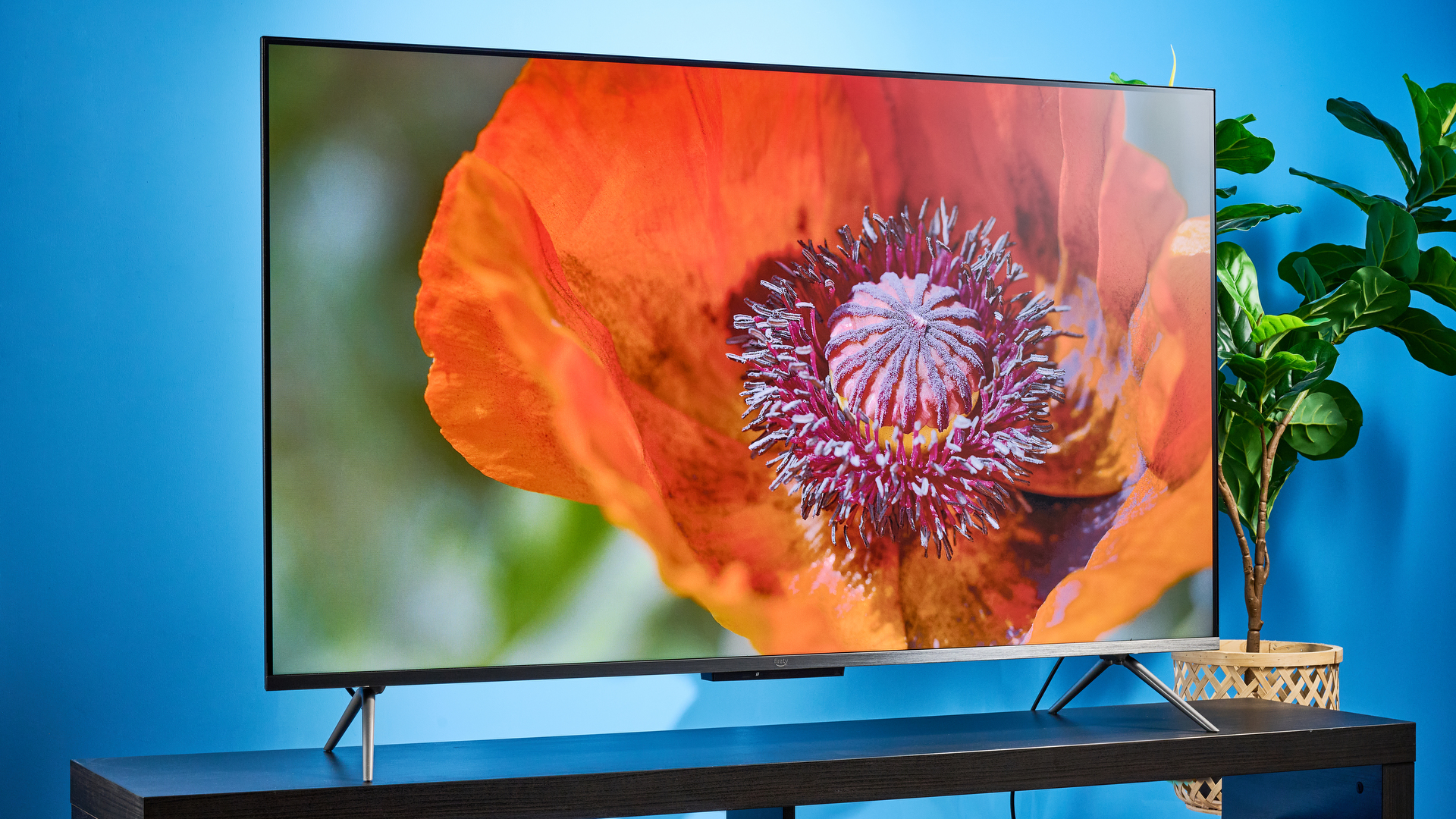 the amazon ember 4-series TV photographed against the blue tom's guide background