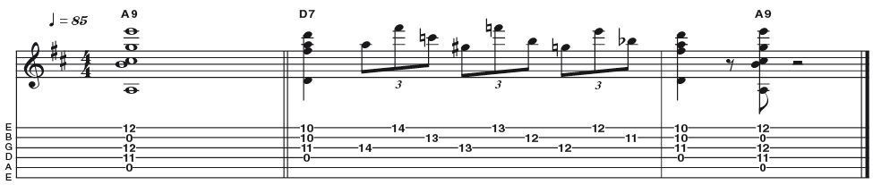 Example 40: A9 - Last up a quirky version of an A dominant 9, this time using some open-string colour in place of the notes that would normally be played at the 12th fret, resulting in a less typical sound. You should experiment with the same approach with any chord that incorporates notes at the 12th fret area.