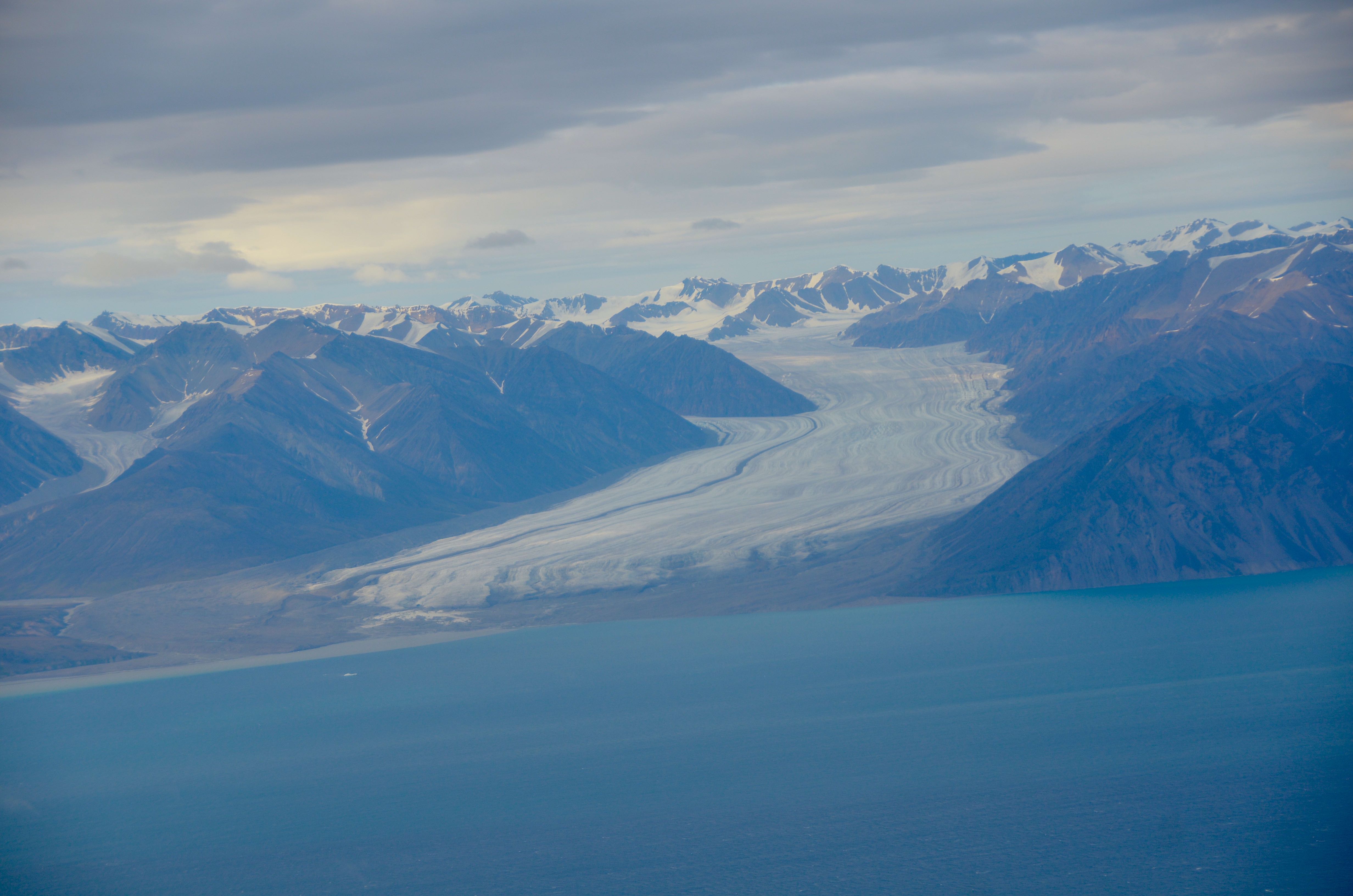 A glacier seen from the sky near Pond Inlet, taken by the Month on Mars expedition en route to Arctic Bay.