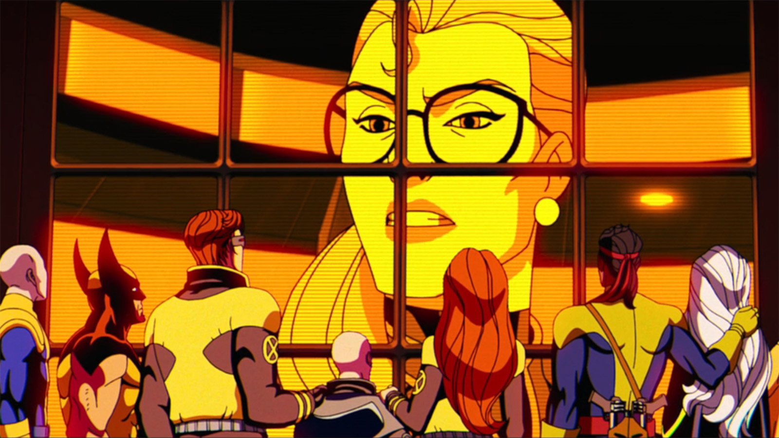 Val Cooper on a big screen addressing the X-Men in X-Men '97 season 2 episode 9